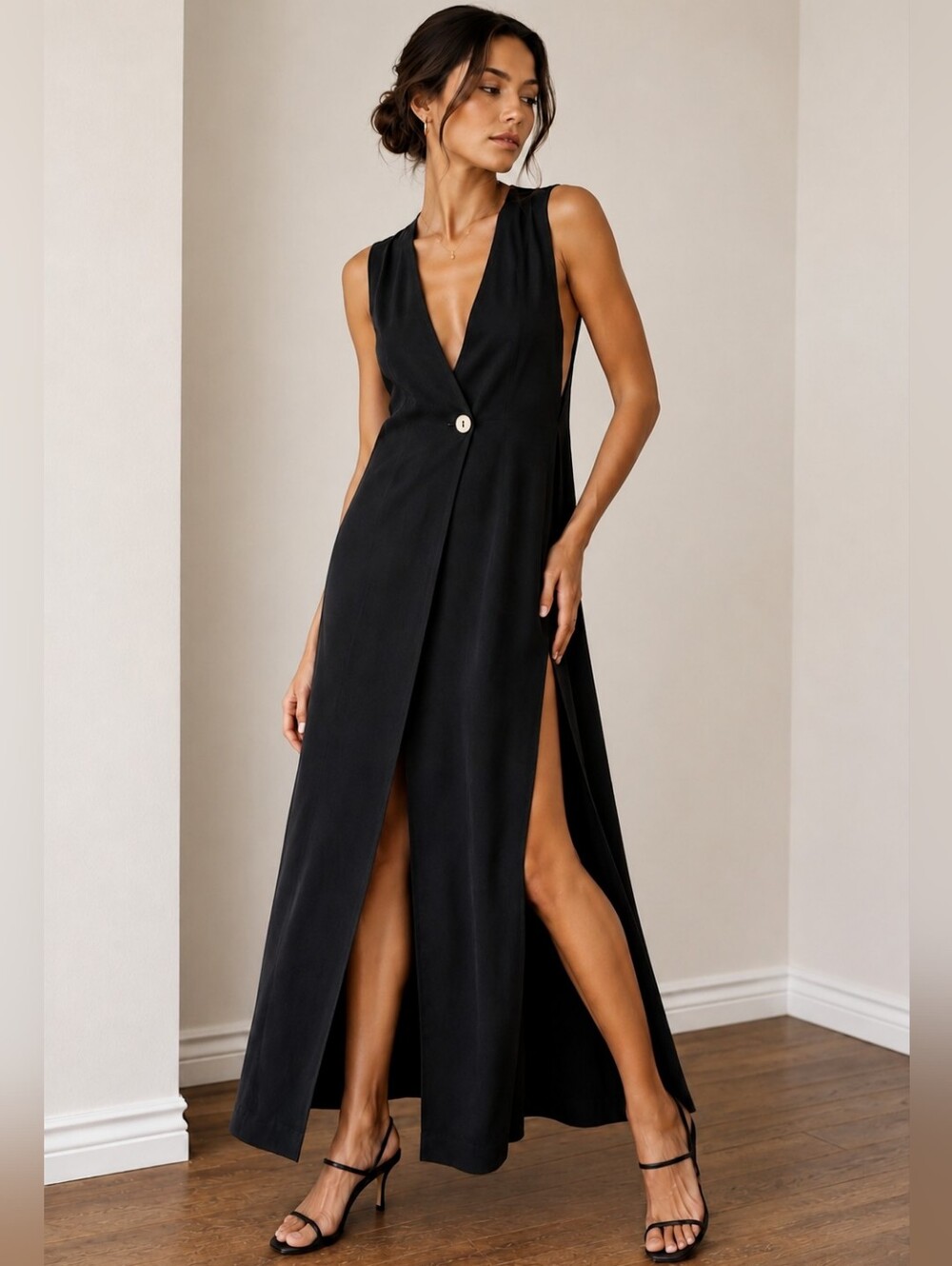 Vintage HOLLY’S  Black Maxi Duster Vest Dress Minimalist Size 4